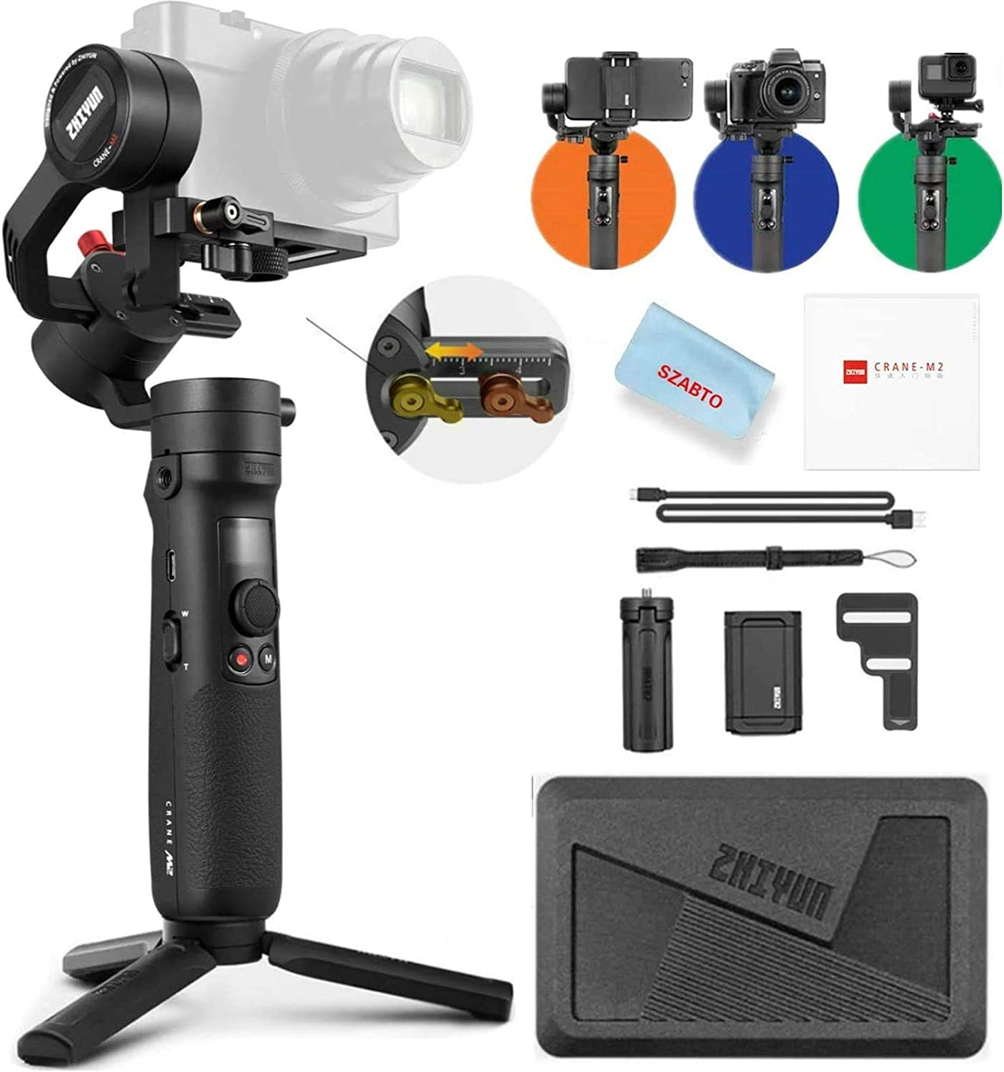 Zhiyun Crane M2 Handheld Stabilisateur de cardan à 3 Axes (Version améliorée de Crane M) Compatible avec Smartphone,GoPro 7 6 5, Charge utile sans Faille pour Appareil Photo DC 130g-720g